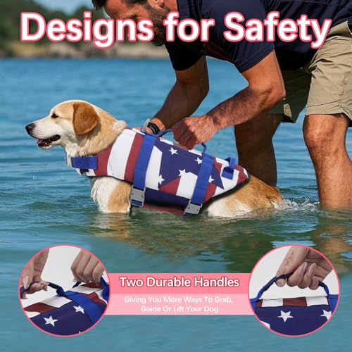 EMUST Dog Life Vests, Adjustable Dog Life Jacket with Rescue Handle, Dogs Flotation Vest for Small/Medium/Large Dogs, XS, FlagStar - color: FlagStar, size: XS
