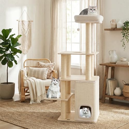 Tangkula Tall Cat Tree, 63 Inch Multi-Level Wood Cat Tower with Sisal Scratching Posts & Mat, 2-Story Condo, Plush Padded Top Perch, Dangling Ball, Modern Cat Tree Tower for Indoor Cats Large Adult - size: 63 Inch
