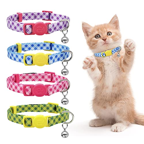 4 Pack Breakaway Plaid Kitten Collar with Bell, 4 Pack Quick Release Safe Buckle Cat Collars, 4 Colors Checkered Pattern, Adjustable from 6"-8" - color: 3#Plaid, size: Kitten(Neck:6"-8")
