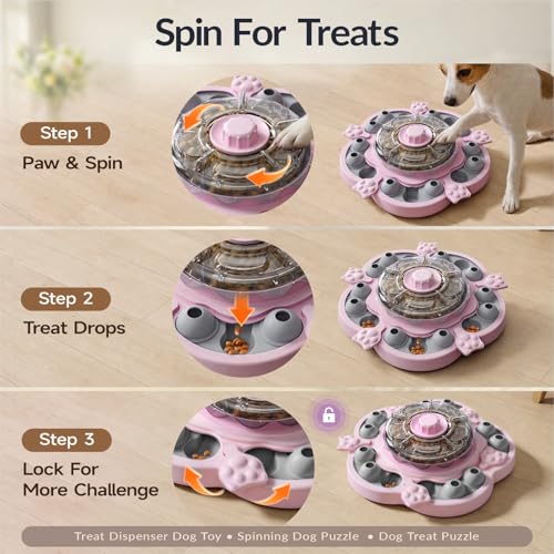 Dog Puzzle Toy, 3 Levels of Step-by-Step Challenge, Spin-to-Release Treat Dispenser, Slow Feeder & Mental Stimulation Enrichment Toy for Small Medium Large Dogs - color: Pink