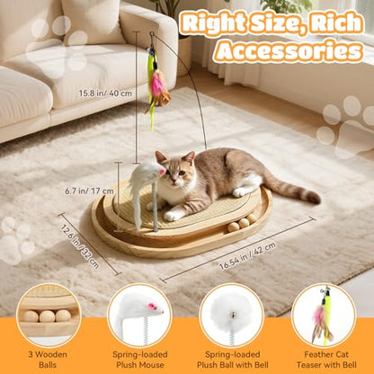 Cat Scratcher, Natural Sisal Scratching Pad, Kitten Interactive Toy with Ball Track & 3 Spring Plush Toys for Chasing Hunting Exercise, Round Wooden Cat Scratchers for Indoor