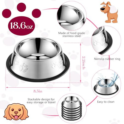Tanlade 8 Pack Stainless Steel Dog Bowls Metal with Rubber Base Non-Slip Pets Puppy Cats Feeding Food and Water Bowls Dishwasher-Safe for Indoor Small Medium Large Dogs Cats Kitten Rabbit(18.6 oz) - size: 18.6 oz