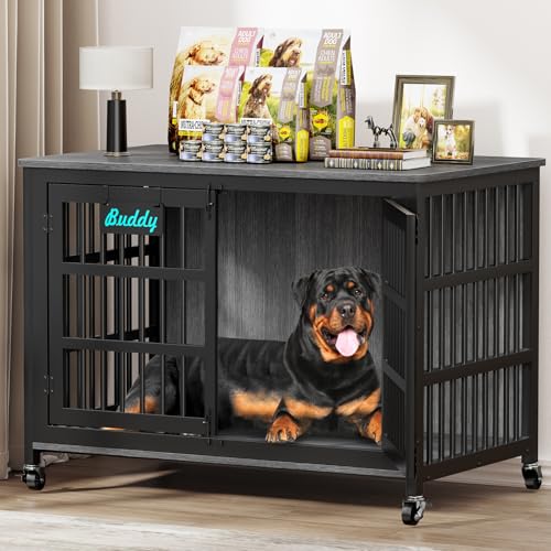 EasyCom 48"/42"/33" Dog Crate Furniture with Name Tag, Heavy Duty Dog Kennel Indoor for Large Dogs, Escape-Proof and Chew-Proof Dog Cage for high Anxiety Dog, Decorate House as TV Stand, End Table - color: Dark Grey, size: 46.1"L x 28.7"W x 31.9"H