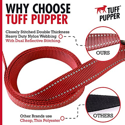 Tuff Pupper Heavy Duty Double Handle Leash - Twist Lock Carabiner Clip for Strong Medium & Large Dogs - Reflective, 6FT - color: March Red