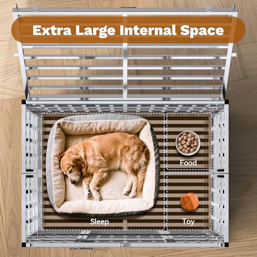 Holiwei 37" Heavy Duty Dog Crate, Escape Proof Stainless Steel Dog Kennel with Top Opening, 4 Lockable Wheels, Easy Clean Metal Dog Cage for Medium-Large/Anxious Dogs - size: 37.0"L x 25.0"W x 30.0"H