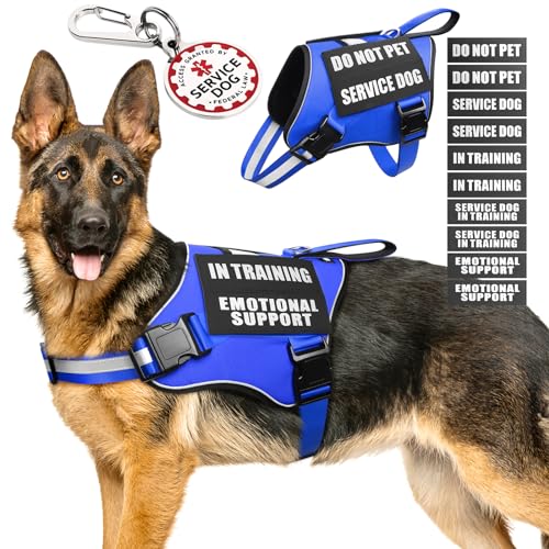 Service Dog Vest Harness+ID Tag+10 Patches,Metal Serivce Dog Tag&Reflective Emotional Support Dog Vest with Handle for Large Dogs,Easy Put On/Off for Training/Walking/Everyday Blue XL - color: Blue, size: XL