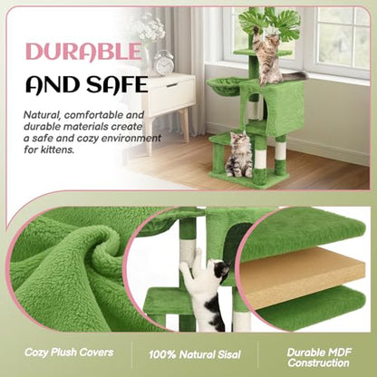 Outvita Cat Tree 48in Monstera Cat Tower with Leaves, Multi-Level Cat Tree Tower with Condo, Cozy Plush Hammock, Dangling Toy, Sisal Scratching Posts, Large Pet Activity Center for Indoor Cats, Green - size: 48" Green