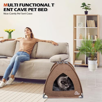 Winsterch Cat Bed Cave for Indoor Cats, Small Pet Tent Cave for Cats, Kittens, and Small Dogs, Warming Cat House with Removable Washable Cushion (18.5'‘ x 18.5’' x 15.8'', Brown) - color: W-Brown