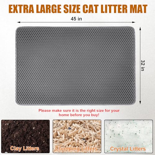 XL Cat Litter Mat - 45"x32" Extra Large, Honeycomb Double Layer Traps Litter, Washable & Urine Proof, Non-Toxic EVA for Multi-Cat Homes (Grey) - color: Grey