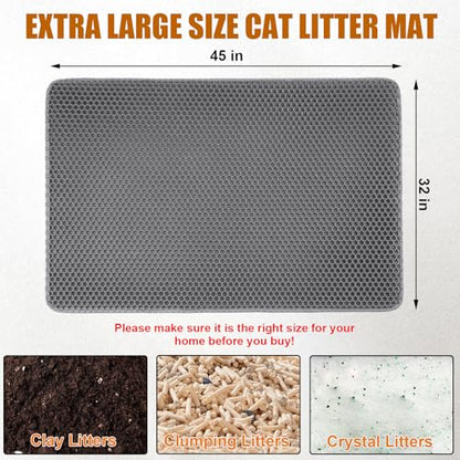 XL Cat Litter Mat - 45"x32" Extra Large, Honeycomb Double Layer Traps Litter, Washable & Urine Proof, Non-Toxic EVA for Multi-Cat Homes (Grey) - color: Grey
