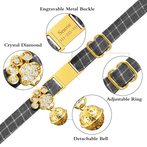 Personalized Breakaway Cat Collars - Magnetic Buckle, Bell - Safety Quick Release, Customized for Girls & Boys Cats- (Checkered-Grey) - color: Checkered-Grey