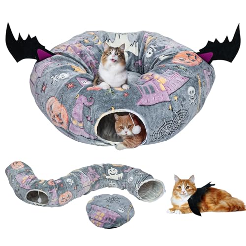 Tidjani Cat Tunnel Bed, Cat Tunnels for Indoor Cats with Bat Wings, Foldable Pet Donut Bed with Middle Mat and Dangling Balls, Pet Play Tunnel Toy with Ghost, Spider Web Pattern for Kittens - style: Gray Bat Wings