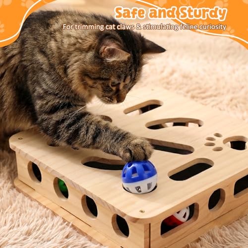 2026 Upgrade Cat Nail File Box, No Assembly Required, Solid Wood Cat Nail File Enrichment Box with 3 Bell Balls, 1 Teaser Wand & Replacement Sandpaper, Stress-Free Alternative to Clippers & Grinders