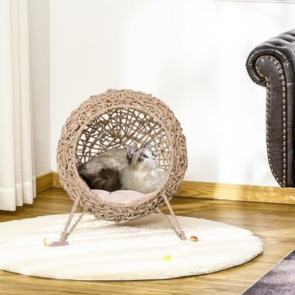 PawHut 20.5" Weaved Cat Bed, Elevated Hand-Woven Braided Banana Leaf Kitten House Condo with Cushion, Beige - color: Beige