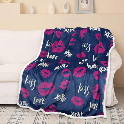 Catalonia Lips Print Sherpa Fleece Throw Blanket, Soft Mink Plush Couch Blanket, Fuzzy Fluffy Comfy Warm Throws, Comfort Caring Gift, 50x60 inches - color: Kiss Blue, size: 50"x60"