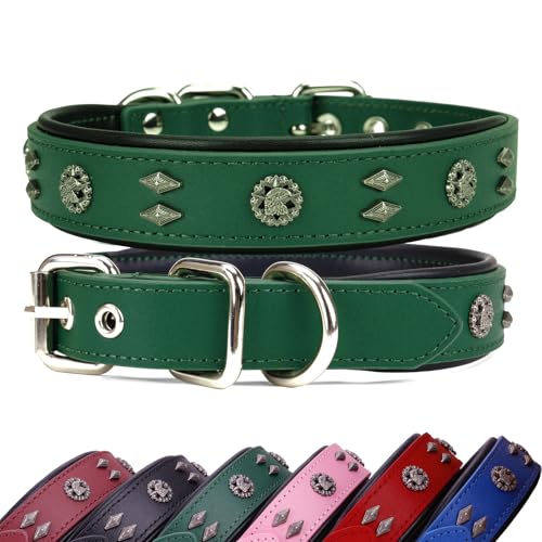 Leather Dog Collar for Medium Dogs - 1.2-Inch Wide Premium Adjustable Soft Handmade Eagle Hardware Ornamental Collar for Large Breeds, Durable & Comfortable - Green - color: Green, size: Width 1.2",Neck Size 17.5"-21.5"