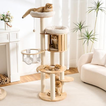 797Audio Wood Modern Cat Tree, 61.5" Cat Tower with Sisal Scratching Posts, Cat Condo, Capsule,Hamnock and Spinner Toy, Solid Wooden Aesthetic Multi-Level Cat Climbing Tree for Adult Indoor Cats-White - color: 62 Inch-Turntable-White