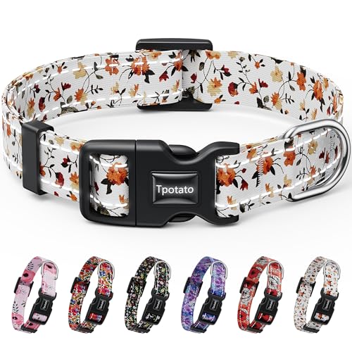 Tpotato Reflective Combination Pattern Girl Dog Collar for Puppy Small Medium Large Breed Dogs,Female Cute Floral Designer Dog Collars,Adjustable Soft Nylon Pet Collar,Quick Release Dog Collar S - color: white floral, size: S（Neck 12"-16",Wideth 0.8")