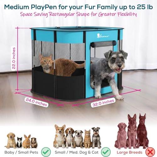 Portable Foldable Dog & Cat Playpen - Indoor Outdoor Travel - Medium Collapsible Pet Play Pen for Small Dogs, Puppies & Kittens - Lightweight Enclosure with Breathable Mesh, Fleece Liner & Carry Bag