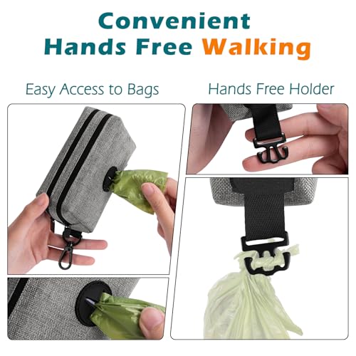 Dog Poop Bag Holder, Portable Pet Waste Bag Dispenser, 2 Pouches for Treats and Walking Accessories, Fit All Leashes, Includes 1 Roll of Dog Poop Bags (Grey) - color: Grey