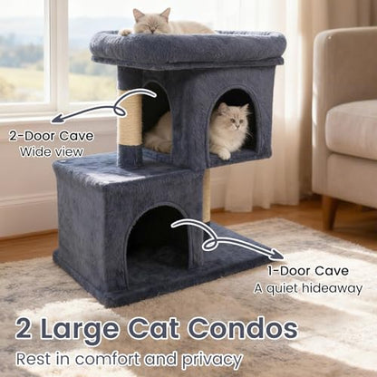 Tangkula Small Cat Tree for Indoor Cats, 25.5 Inch Cat Tower with Sisal Scratching Posts, 2 Large Cat Condos with Padded Top Perch, Modern Cat Climbing Furniture for Adult Cats & Kittens (Dark Gray) - color: Dark Gray