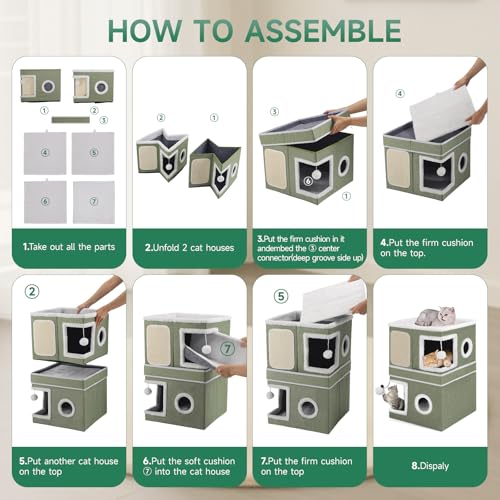 2-Storey Cat House for Indoor Cats, Separate Into 2 Large Cat Bed Cave with Hideaway Condos, Scratch Pads, Hanging Balls, Foldable Indoor Cat House, Cat Cube for Multiple Cats Kitten, Green - style: Green