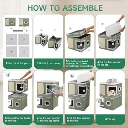 2-Storey Cat House for Indoor Cats, Separate Into 2 Large Cat Bed Cave with Hideaway Condos, Scratch Pads, Hanging Balls, Foldable Indoor Cat House, Cat Cube for Multiple Cats Kitten, Green - style: Green