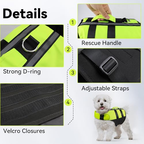 Neon Green Dog Life Jacket for Small Breed with Rescue Handle, High Visibility & Adjustable Pet Life Vest, Safety Buoyancy Vest for Swimming, Boating, Kayaking & Water Sports, S - size: Small