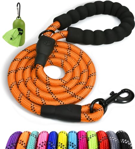 Taglory Rope Dog Leash 4 FT with Comfortable Padded Handle, Highly Reflective Threads Leash and Anti-Tangle Clip for Walking Medium Large Dogs, 1/2 inch, Orange - color: Orange, size: 1/2" x 4 FT (20~120 lbs.)