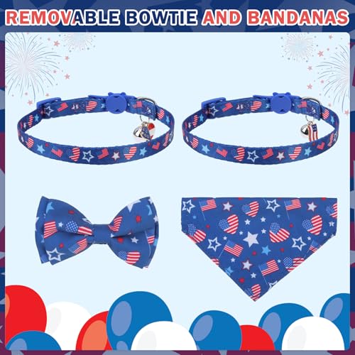 SCENEREAL Independence Cat Collar with Bells, 2 Pack Breakaway Cat Collars with Removable Bowtie Bandana, Adjustable Cute Kitten Collar for Pet Small Dogs Boys Girls - color: Bandanas & Bow (Independence Day - Dark Blue)