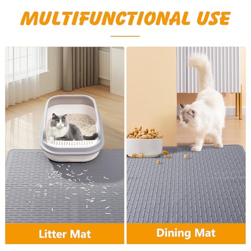 Silicone Cat Litter Mat, 28x20 in Waterproof Litter Box Mat Cats Feeding Mats with Raised Edges, Quick Clean Desig (Grey) - size: 28"L x 20"W