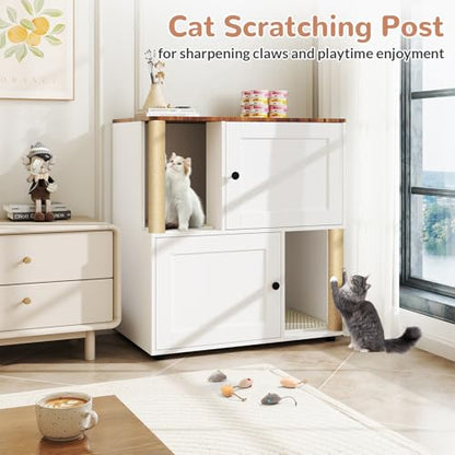 Yafylly Double Litter Box Enclosure for 2 Cats, 2-Tier Cat Litter Box Furniture with Scratching Posts & Litter Mat, Hidden Cat Litter Cabinet, Space Saving Vertical Design, Fits Most Litter Boxes - style: Stacked Design