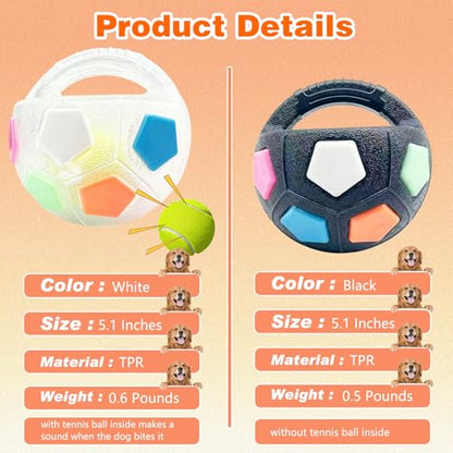 The Mellow Dog Calming Ball with Handle, Strong and Durable Interactive Football Shape Balls, Dogs Football Toy for Water Play,Training & Outdoor Games (With Squeaky Tennis Ball Inside) (White)