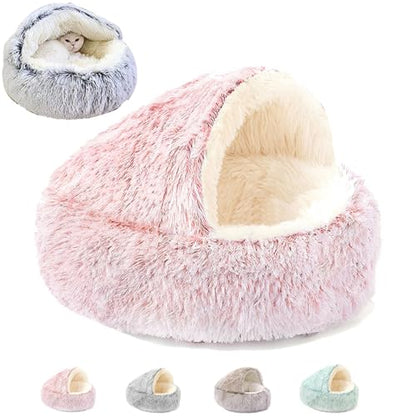 Keep Warm Lapcatz Nest Bed, Cat Bed Round Fluffy Hooded Cat Bed Cave, Anti-Slip Bottom and Machine Washable,Removable Washable Round Beds for Small Medium Pets (Pink,70cm/27.5inch) - color: Pink, size: 70cm/27.5inch
