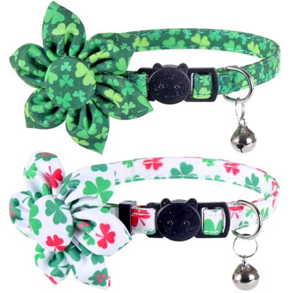 St.Patrick's Day Cat Collar with Bow Tie and Bell Breakaway Adjustable Safety - color: St.Patrick-sunflower