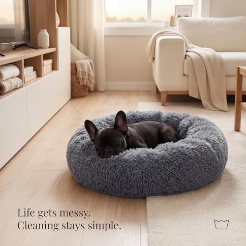 Small Calming Dogs Bed for Small Dogs Anti-Anxiety Machine Washable Fluffy Luxury Anti-Slip Waterproof Mute Base Warming Cozy Soft Pet Puppy Round Bed - color: Dark grey, size: 19 inches