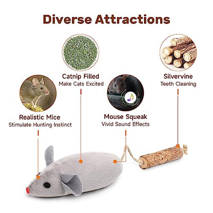 Potaroma Cat Toys: 3pcs Squeak Mice Interactive Catnip Silvervine Animals for Indoor Kittens - Dental Matatabi Cat Nip & Chew Exercise Toy for All Breeds & Species