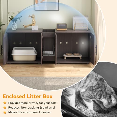 Garvee Cat Litter Box Enclosure for 2 Cats, 55" Hiddden Litter Box Enclosure Furniture 3-in-1 Wooden Litter Cabinet with Barn Door & Double Rooms for Bedroom Living Room,Walnut - color: Walnut