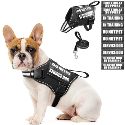 Service Dog Vest Harness and Leash Set+10 Patches,No Pull&Easy Walk Reflective Dog Harness with Soft Padded Handle for Training/Everyday,Fit Small/Medium/Large/Extra-Large Dogs (Black S) - color: Black, size: Small