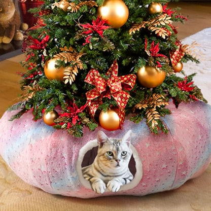 Under Christmas Tree Large Cat Tunnels Bed Tube for Indoor Cats Glows in The Dark Cat Tunnel with Cushion and Plush Ball Toy Longer Playground Toys for Dog Puppy Kitten Rabbit Pet Rainbow - color: Rainbow Bed