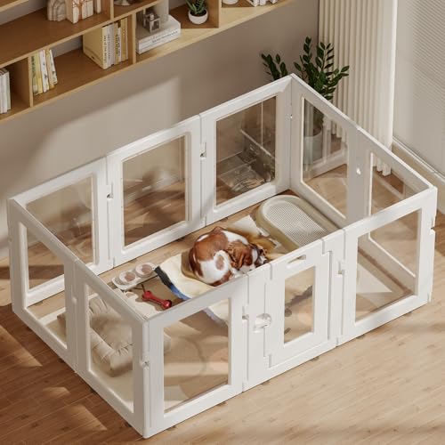 Clear Acrylic Dog Playpen Indoor, Puppy Cat Small Pet Play Pen, Easy Assemble & Disassemble Sturdy Plastic Dog Fence with Heavy Duty Door Lock (24In H, 10PCS), White - color: White, style: 10 Panels - 24 In