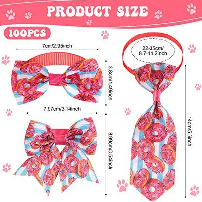 Reginary 100 Pieces Dog Bow Tie Collar Set Include 40 Dog Neckties, and 30 Puppy Bowties, 30 Collar Flowers, Adjustable Pet Ties Grooming for Small Medium Cats Pets Supply(Donut) - style: Donut