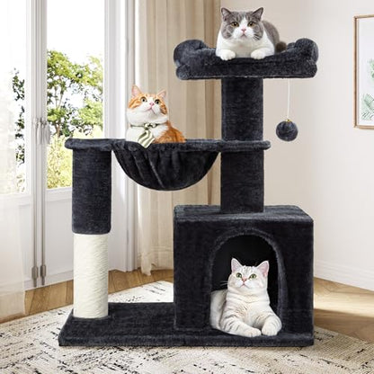 Allewie 29.5in Indoor Cat Tree, Multi-Level Cat Tower with Sisal Scratching Posts, Padded Perch, Basket, Condo, and Hanging Ball, Suitable for Kittens and Adult Felines,Dark Grey - color: Dary Grey
