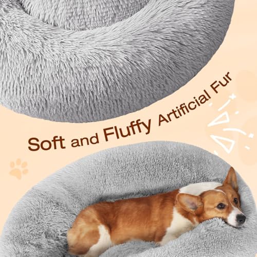 JOLLYVOGUE Small Dog Bed, Calming Soft Anti-Anxiety Donut Cat Bed, Washable Round Fluffy Cushion for Small and Medium Pets (20") - color: 01 - Light Grey, size: 20"