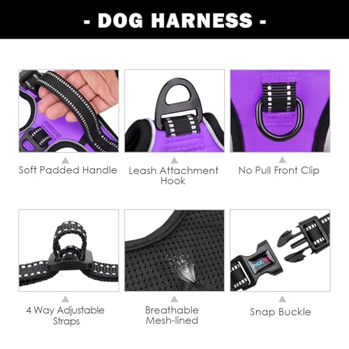 PHOEPET No Pull Dog Harnesses for Small Dogs Reflective Adjustable Front Clip Vest with Handle 2 Metal Rings 3 Buckles [Easy to Put on & Take Off](S, Purple) - color: Purple, size: Small