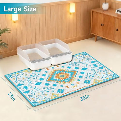 Cat Litter Mat, 35" x 23" Litter Box mat, Traps 100% Litter, Non-Slip Kitty Litter Trapping mats, Large Cute Litter mat, Easy Clean for Scatter Control, Bohe cat Food mat, Urine Waterproof - color: Blue Planet, size: Large（35"x23"）