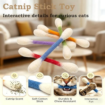 Cotton Swabs Cat Toys with Catnip 6 Pack, Durable Big Kitten Chew Sticks, Dental Teething Ropes, Giant Interactive Felt Kitty Kicker Toys for Boredom (Mix)
