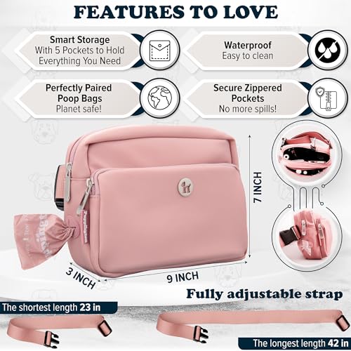 Puppington 3-in-1 Crossbody Dog Treat Pouch for Pet Training - Compostable Poop Bags, Built-In Poop Bag Dispenser, Slow-Feeding Travel Dog Bowl & Reflective Leash - Dog Walking Bag (Blush Pink) - color: Blush Pink