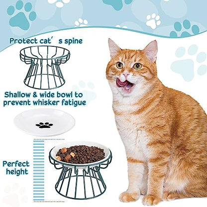 Roshtia 4 Sets Elevated Cat Bowls Ceramic Raised Cat Food Bowls with Metal Stand Dishwasher Safe Dishes Non Slip Elevated Food Plate(Green,Paw) - color: Green