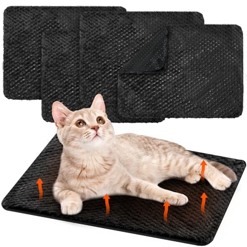 Drydiet 4 Pcs Self Heating Cat Pad Self Warming Cat Bed Dog Heating Pad Washable Thermal Pet Mat for Indoor Outdoor Pet 16 x 20 Inch Removable Non Slip(Black) - color: Black
